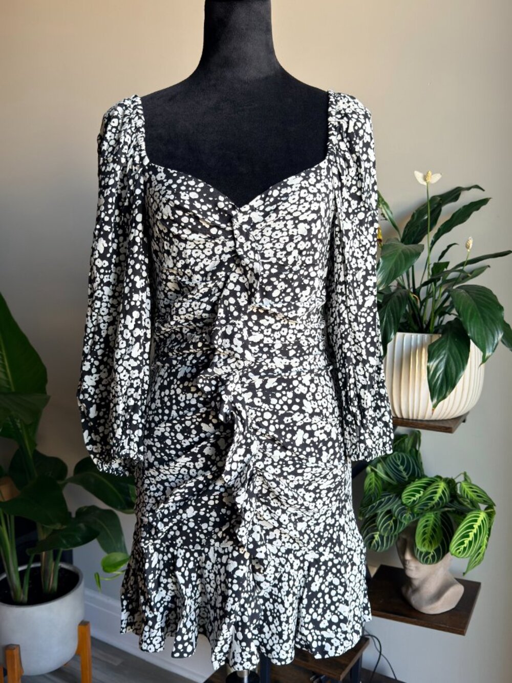 ZARA NWT Black White Floral Mini Dress Puff Sleeve Size S